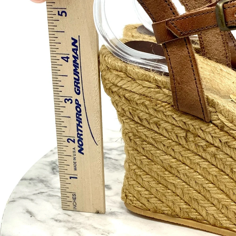 Andrea Assous Brown Leather Flower T-Strap Espadrille Wedges 9 Cottagecore